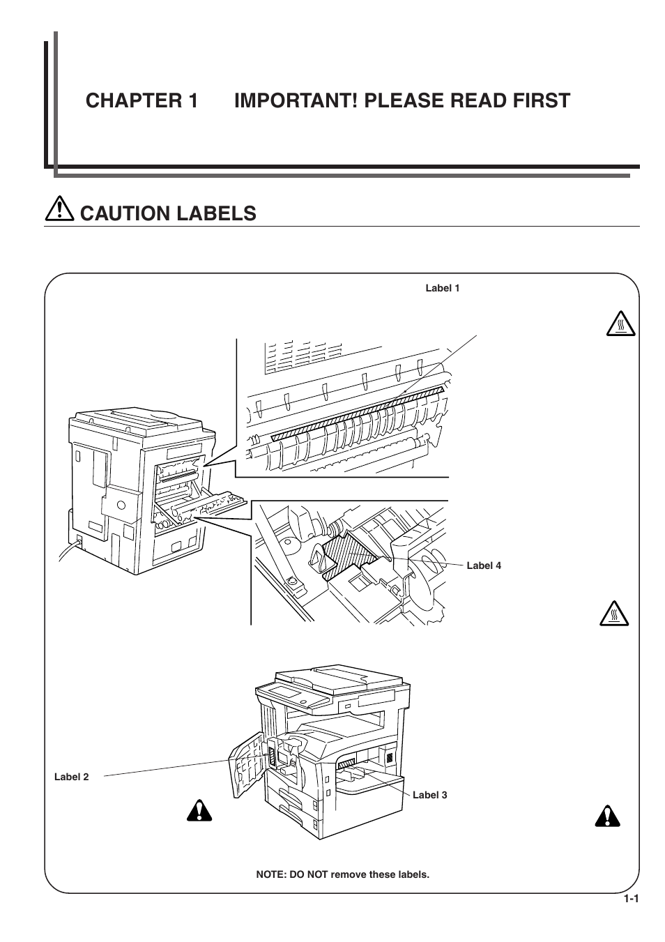 Caution labels, Chapter 1 important! please read first | TA Triumph-Adler DC 2025 User Manual | Page 9 / 139