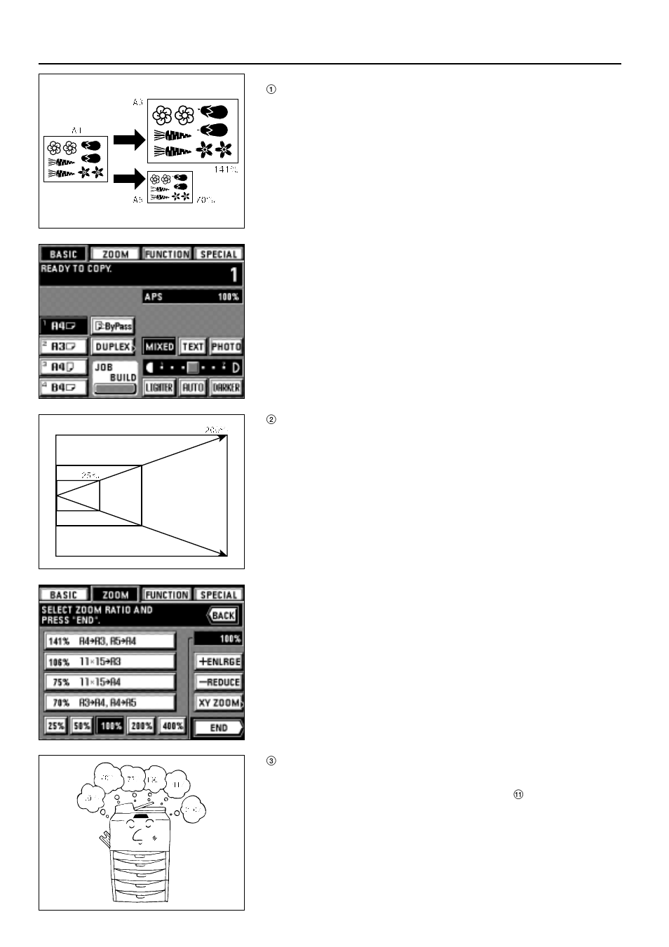 Functions, 1) enlargement/reduction, 1 auto magnification selection mode | 2 zoom copy mode, 3 size zoom mode | TA Triumph-Adler DC 2042 User Manual | Page 23 / 109