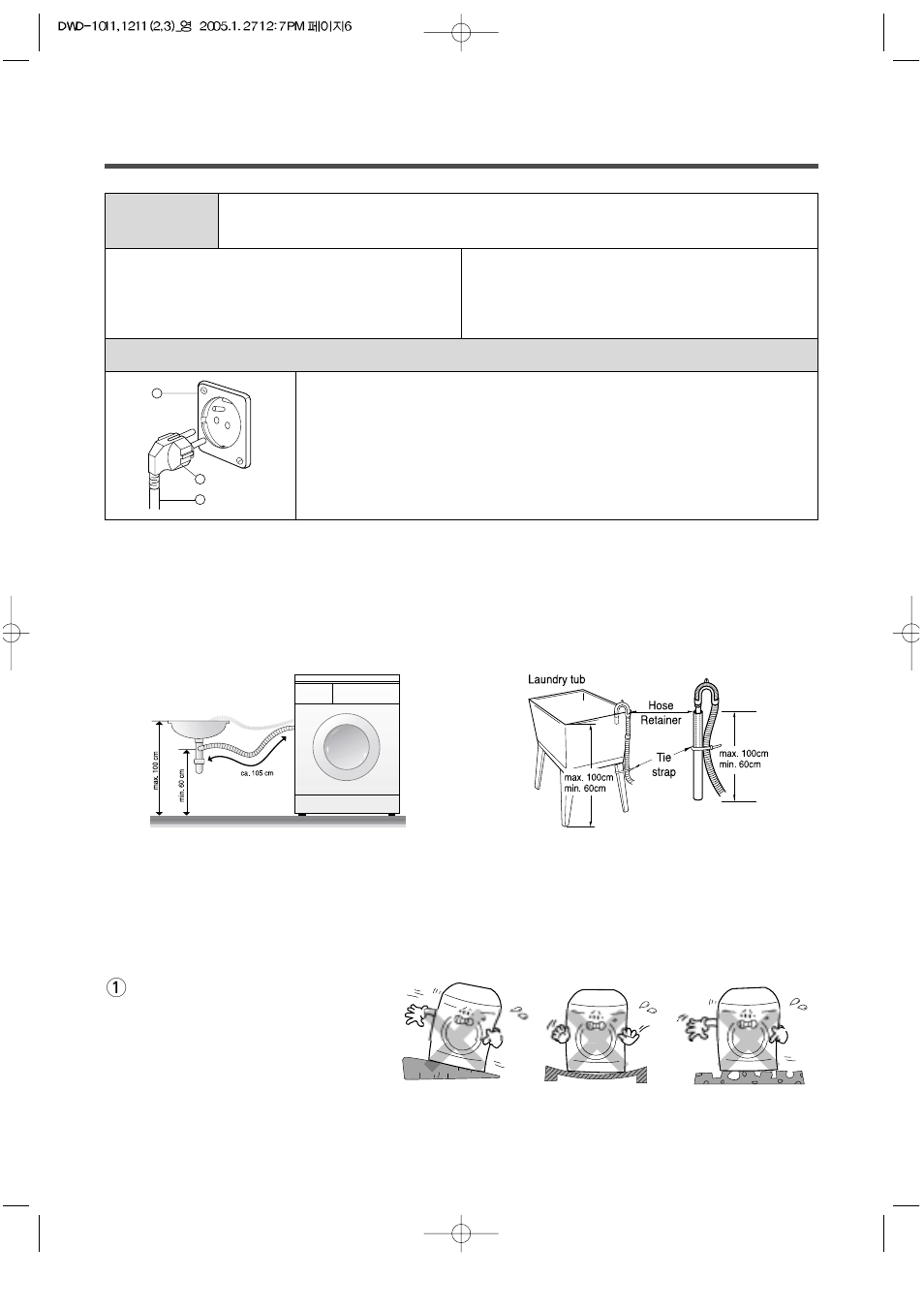Electrical requirements, Drain system, Level adjustment | Daewoo DWD-F1011  EN User Manual | Page 6 / 23