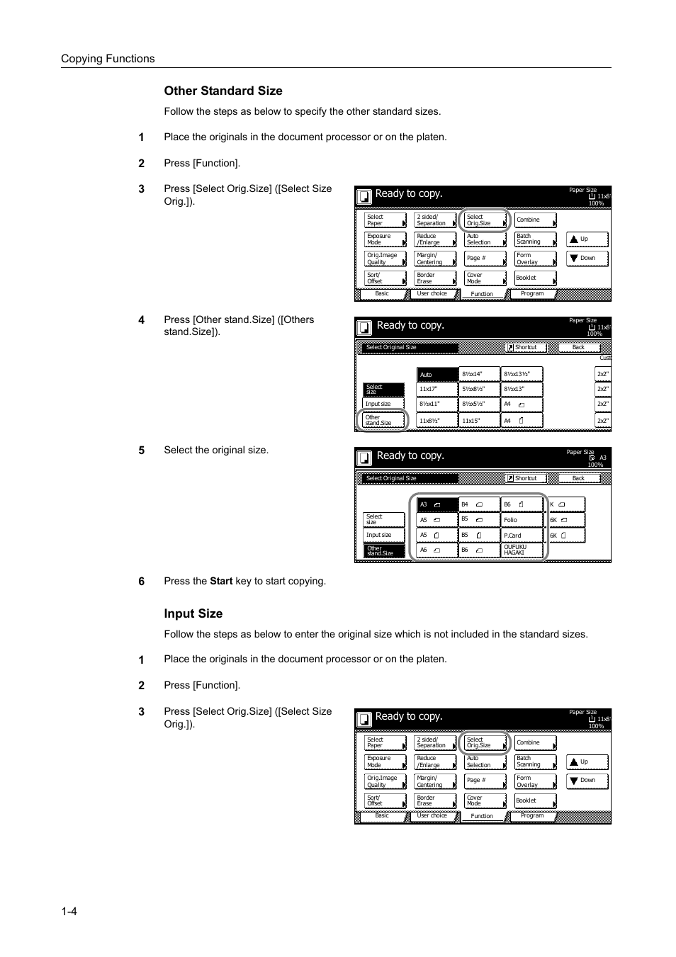 Other standard size, Input size, Copying functions 1-4 | Press [function, Press [select orig.size] ([select size orig.]), Press [other stand.size] ([others stand.size]), Select the original size, Press the start key to start copying, Ready to copy | TA Triumph-Adler DC 2060 User Manual | Page 10 / 210
