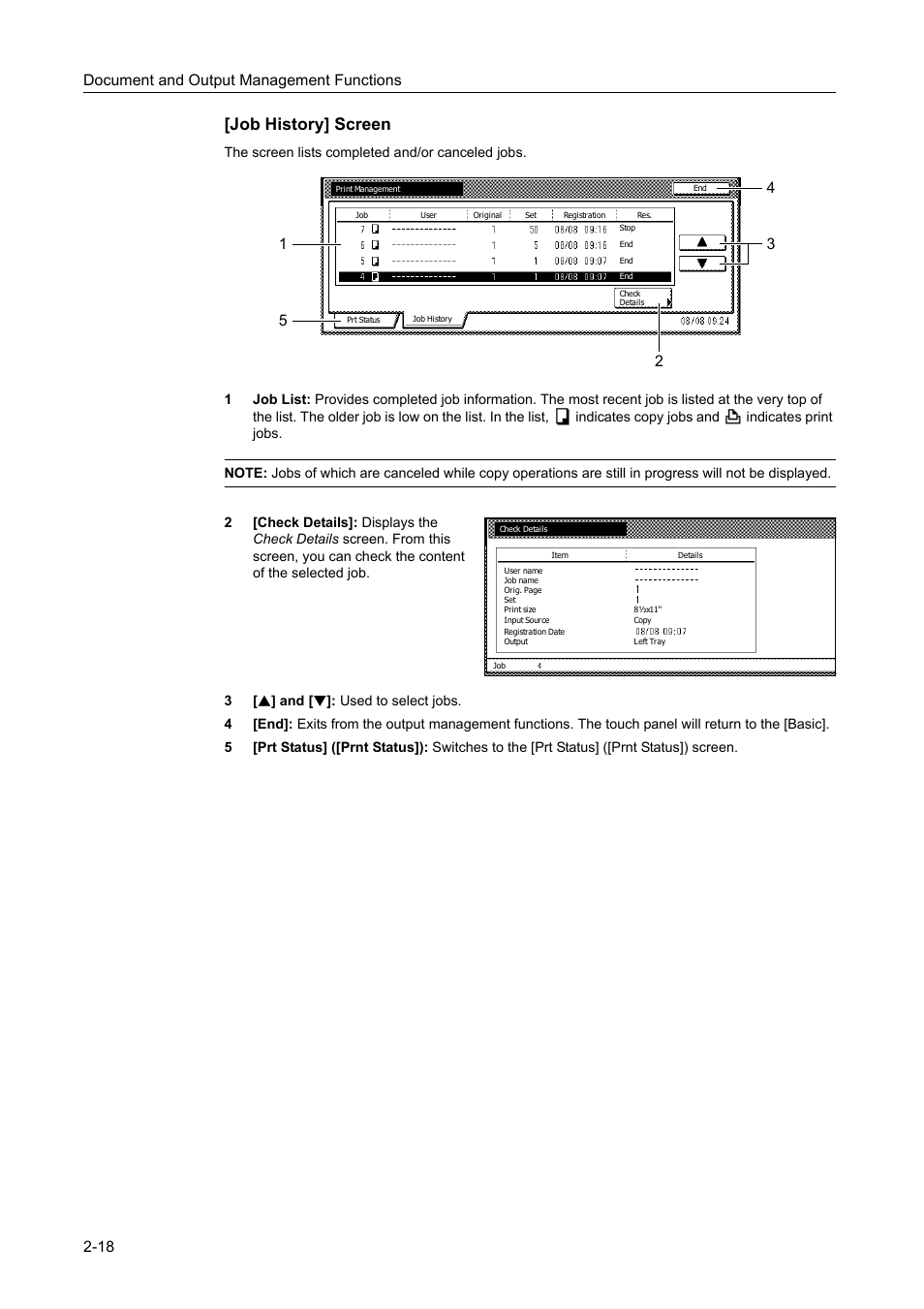 Job history] screen, Document and output management functions 2-18 | TA Triumph-Adler DC 2060 User Manual | Page 100 / 210