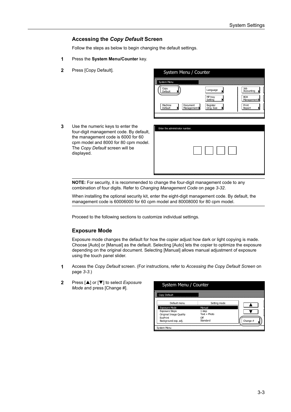 Exposure mode -3, Accessing the copy default screen, Exposure mode | System settings 3-3 | TA Triumph-Adler DC 2060 User Manual | Page 103 / 210