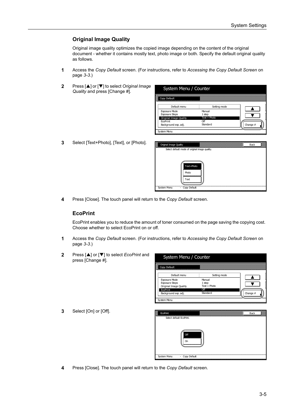 Original image quality -5, Ecoprint -5, Original image quality | Ecoprint, System settings 3-5, Select [text+photo], [text], or [photo, Select [on] or [off, System menu / counter | TA Triumph-Adler DC 2060 User Manual | Page 105 / 210