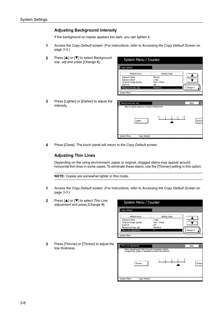 Adjusting background intensity -6, Adjusting thin lines -6, Adjusting background intensity | Adjusting thin lines, System settings 3-6, System menu / counter | TA Triumph-Adler DC 2060 User Manual | Page 106 / 210