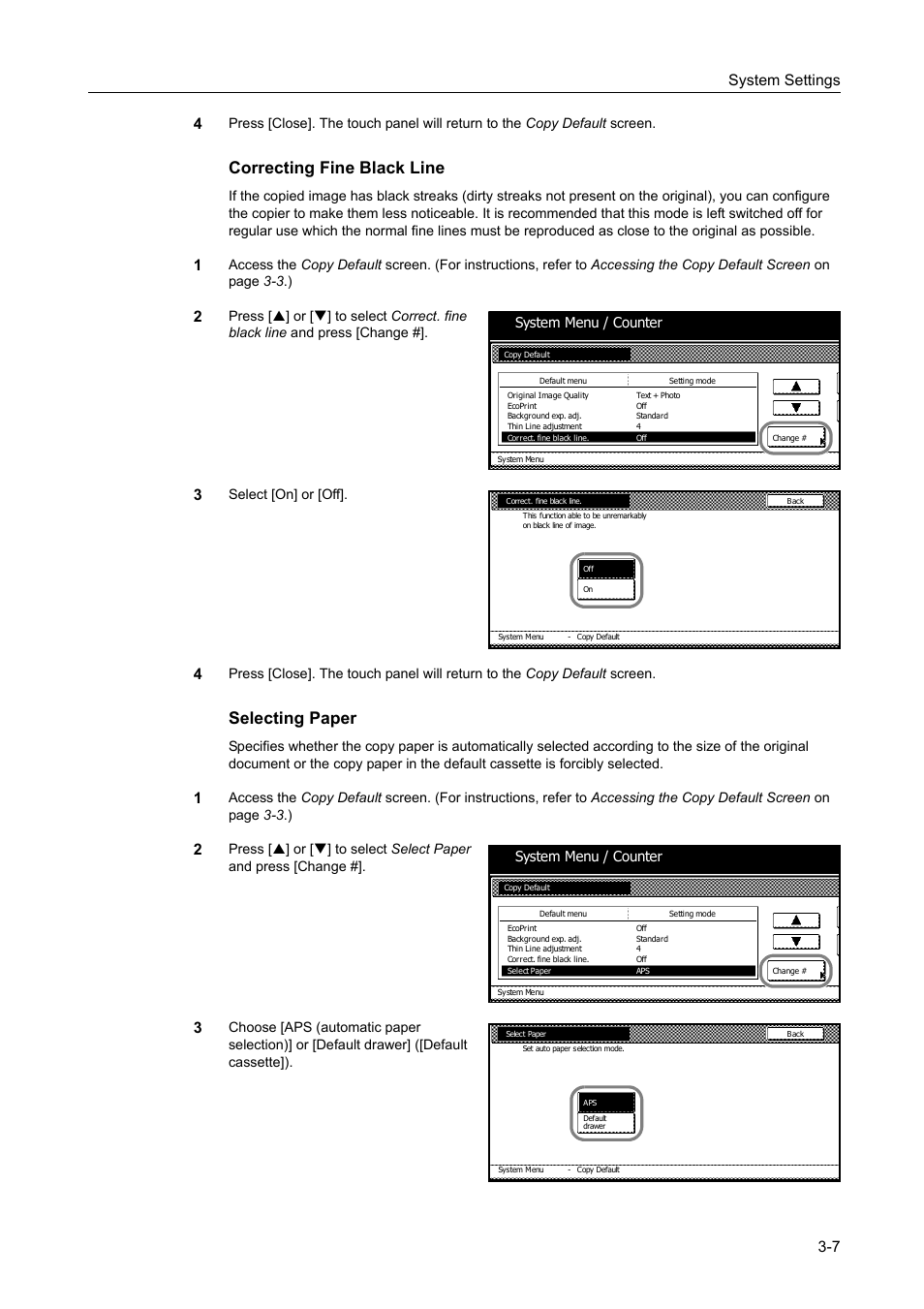 Correcting fine black line -7, Selecting paper -7, Correcting fine black line | Selecting paper, System settings 3-7 4, Select [on] or [off, System menu / counter | TA Triumph-Adler DC 2060 User Manual | Page 107 / 210