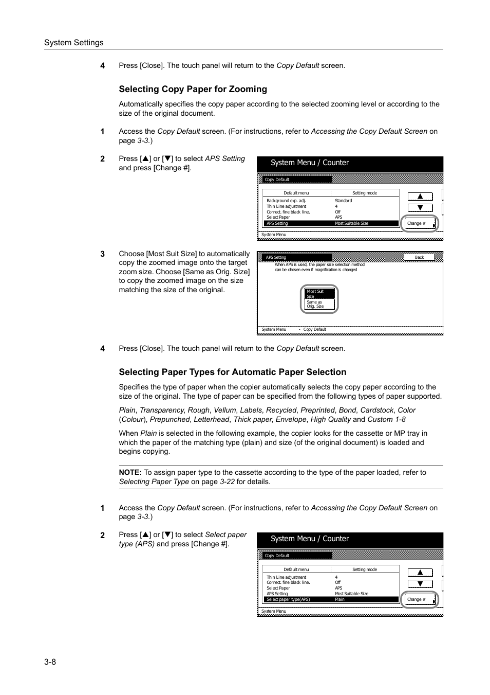 Selecting copy paper for zooming -8, Selecting copy paper for zooming, System settings 3-8 4 | TA Triumph-Adler DC 2060 User Manual | Page 108 / 210