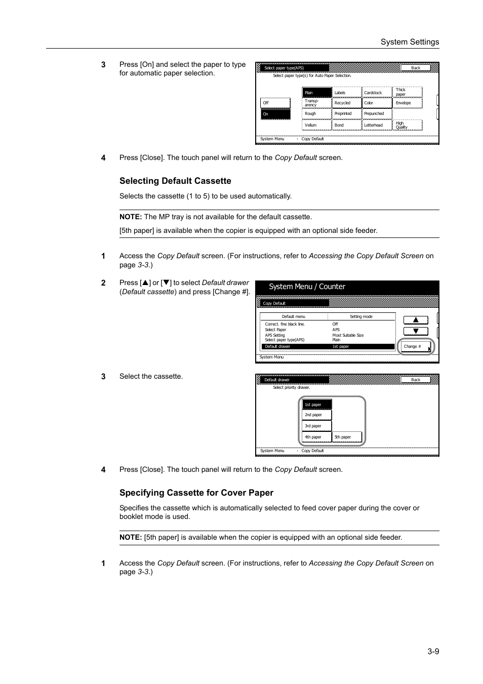 Selecting default cassette -9, Specifying cassette for cover paper -9, Selecting default cassette | Specifying cassette for cover paper, System settings 3-9 3, Select the cassette, System menu / counter | TA Triumph-Adler DC 2060 User Manual | Page 109 / 210
