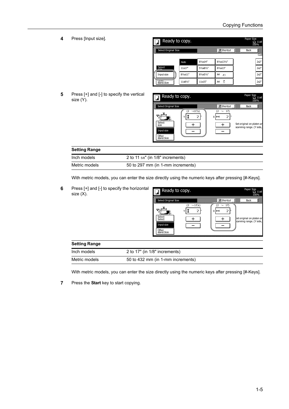 Copying functions 1-5 4, Press [input size, Setting range inch models 2 to 11 | Ready to copy | TA Triumph-Adler DC 2060 User Manual | Page 11 / 210