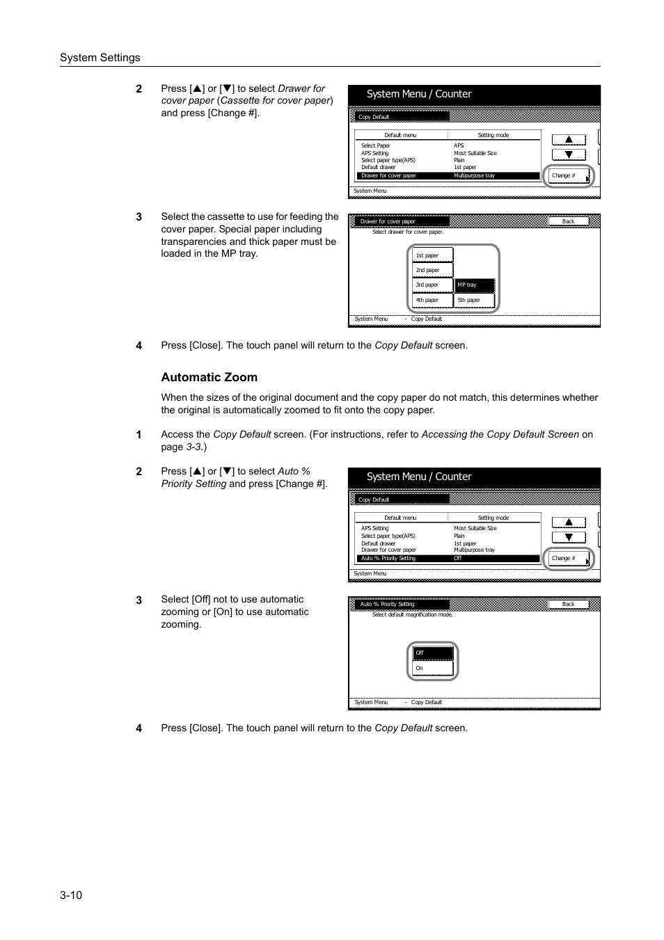 Automatic zoom -10, Automatic zoom, System settings 3-10 2 | System menu / counter | TA Triumph-Adler DC 2060 User Manual | Page 110 / 210