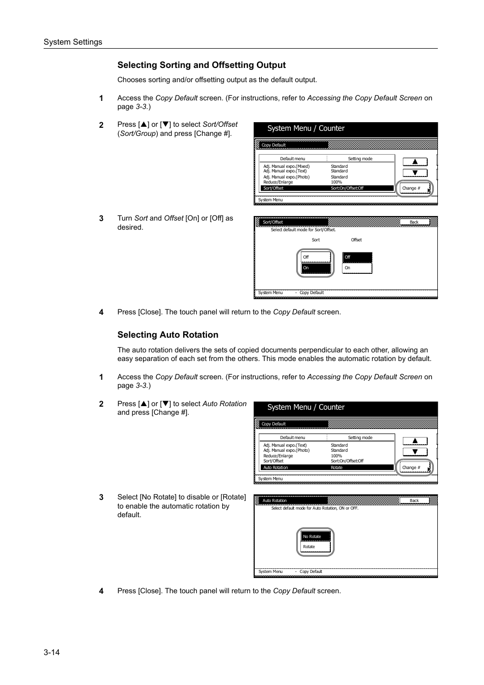 Selecting sorting and offsetting output -14, Selecting auto rotation -14, Selecting sorting and offsetting output | Selecting auto rotation, System settings 3-14, Turn sort and offset [on] or [off] as desired, System menu / counter | TA Triumph-Adler DC 2060 User Manual | Page 114 / 210