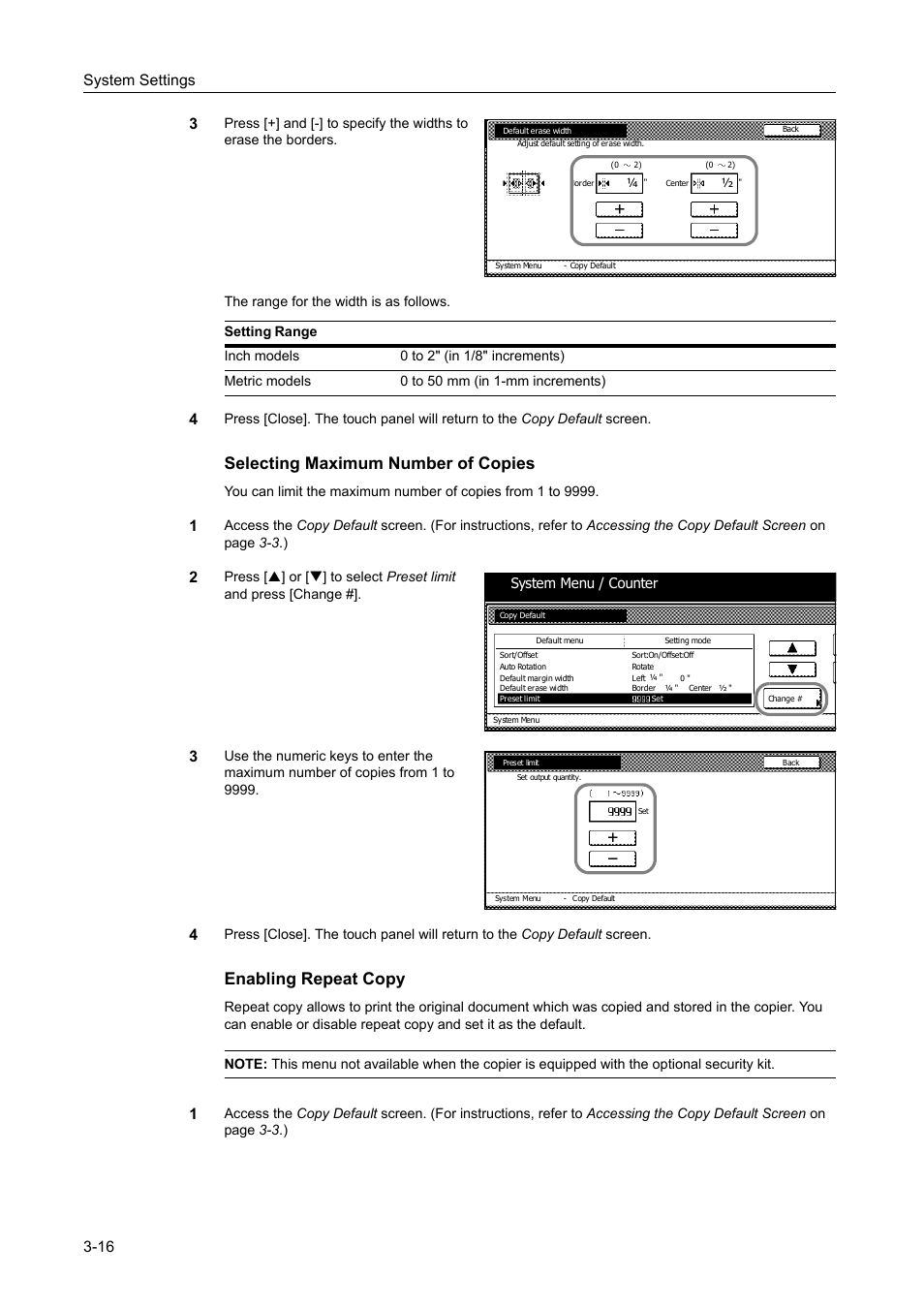 Selecting maximum number of copies -16, Enabling repeat copy -16, Selecting maximum number of copies | Enabling repeat copy, System settings 3-16 3 | TA Triumph-Adler DC 2060 User Manual | Page 116 / 210