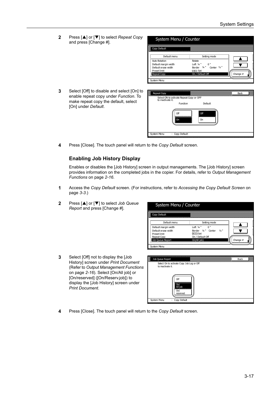 Enabling job history display -17, Enabling job history display, System settings 3-17 2 | System menu / counter | TA Triumph-Adler DC 2060 User Manual | Page 117 / 210