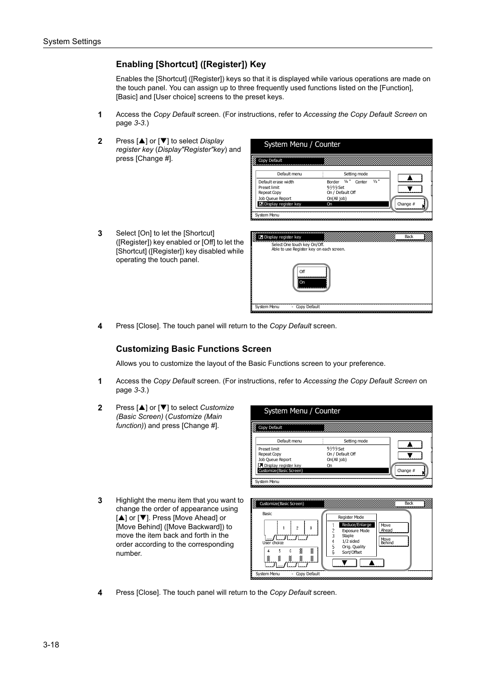 Enabling [shortcut] ([register]) key -18, Customizing basic functions screen -18, Enabling [shortcut] ([register]) key | Customizing basic functions screen, System settings 3-18, System menu / counter | TA Triumph-Adler DC 2060 User Manual | Page 118 / 210