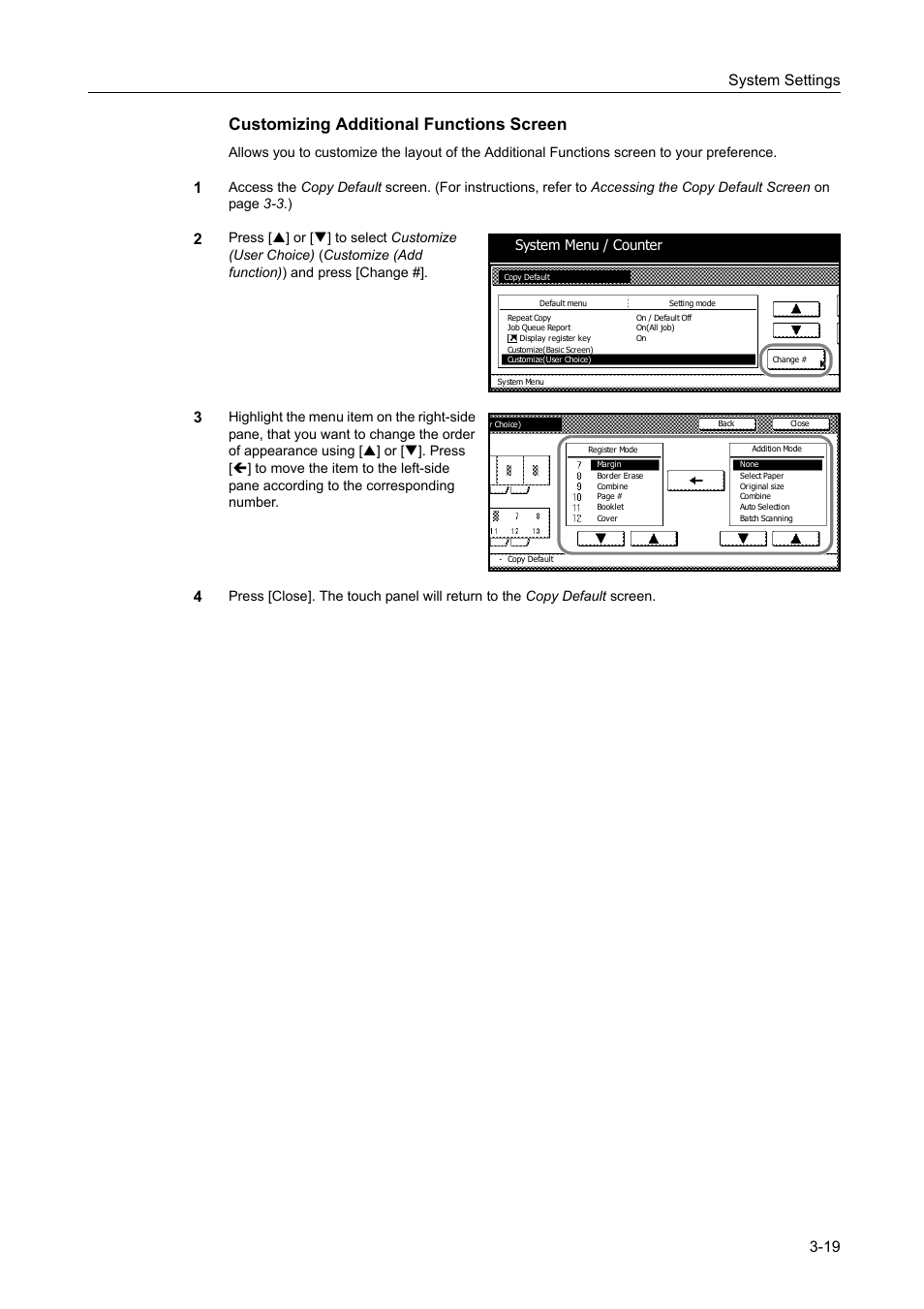 Customizing additional functions screen -19, Customizing additional functions screen, System settings 3-19 | TA Triumph-Adler DC 2060 User Manual | Page 119 / 210
