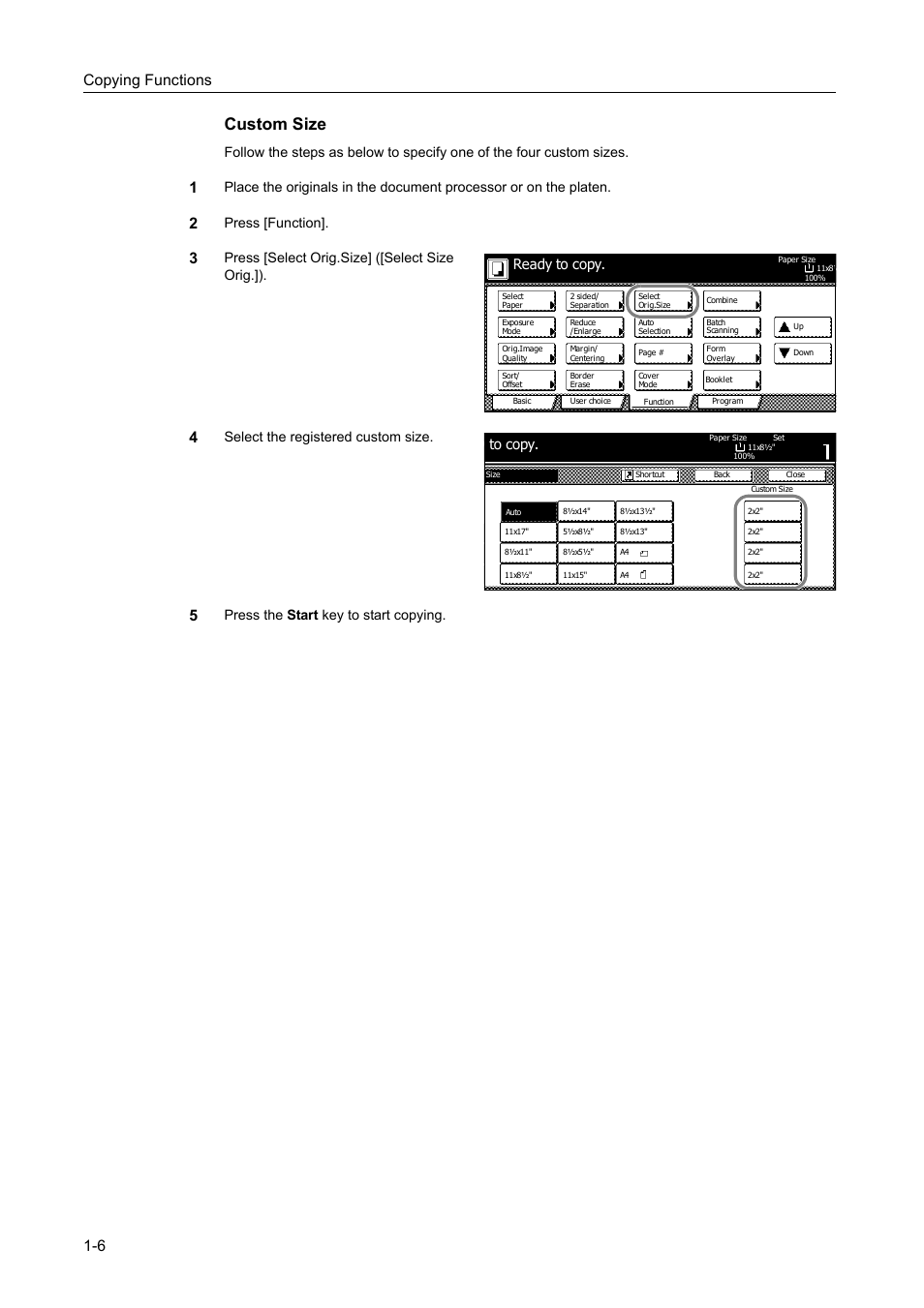 Custom size, Copying functions 1-6, Press [function | Press [select orig.size] ([select size orig.]), Select the registered custom size, Y to copy | TA Triumph-Adler DC 2060 User Manual | Page 12 / 210