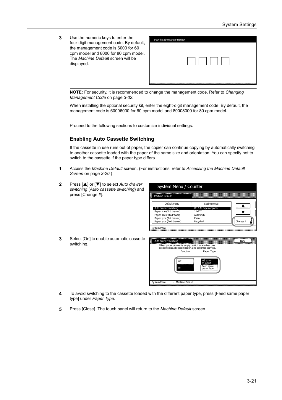 Enabling auto cassette switching -21, Enabling auto cassette switching, System settings 3-21 3 | TA Triumph-Adler DC 2060 User Manual | Page 121 / 210