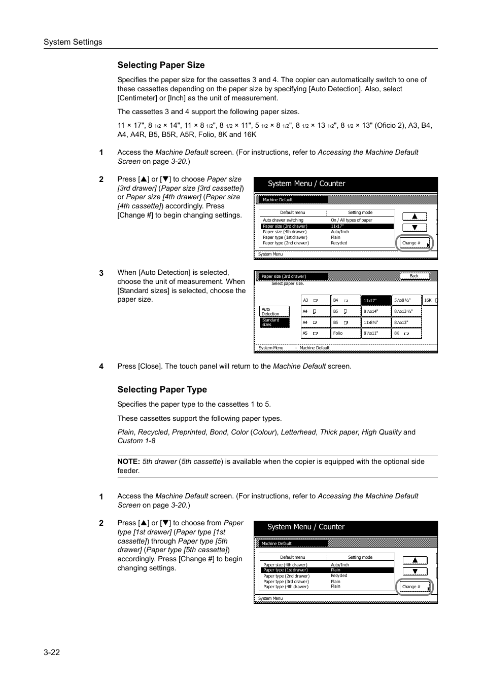 Selecting paper size -22, Selecting paper type -22, Selecting paper size | Selecting paper type, System settings 3-22, Ч 11", 5, Ч 13, System menu / counter | TA Triumph-Adler DC 2060 User Manual | Page 122 / 210