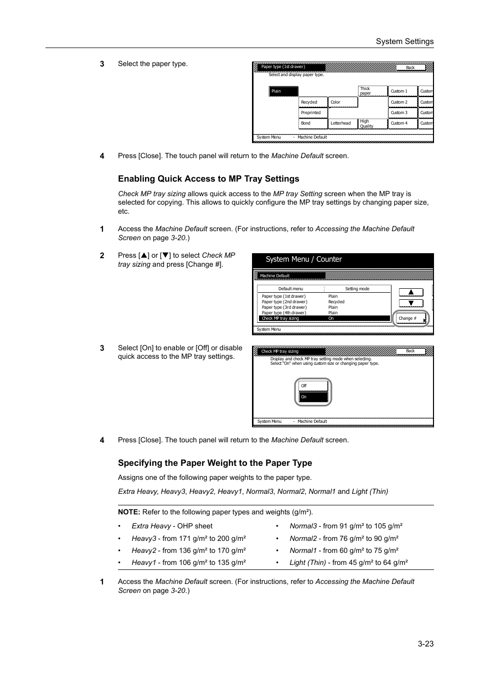 Enabling quick access to mp tray settings -23, Specifying the paper weight to the paper type -23, Enabling quick access to mp tray settings | Specifying the paper weight to the paper type, System settings 3-23 3 | TA Triumph-Adler DC 2060 User Manual | Page 123 / 210