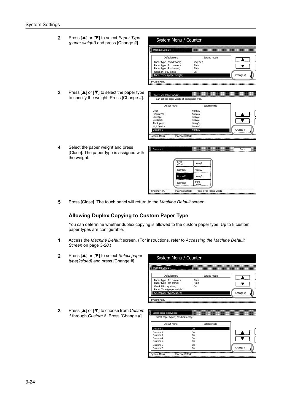 Allowing duplex copying to custom paper type -24, Allowing duplex copying to custom paper type, System settings 3-24 2 | System menu / counter | TA Triumph-Adler DC 2060 User Manual | Page 124 / 210