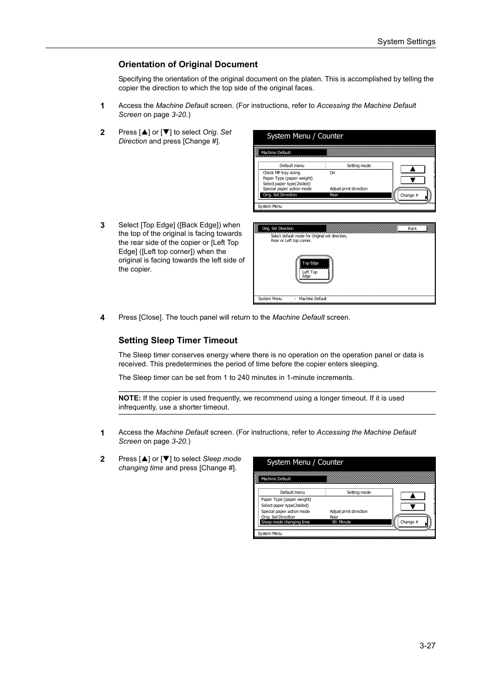 Orientation of original document -27, Setting sleep timer timeout -27, Orientation of original document | Setting sleep timer timeout, System settings 3-27 | TA Triumph-Adler DC 2060 User Manual | Page 127 / 210