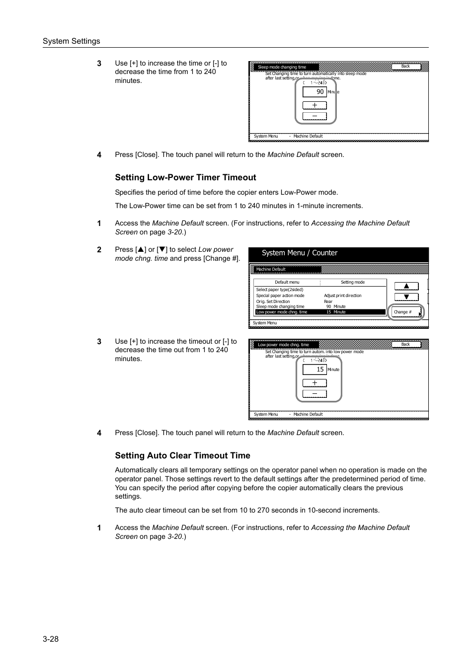 Setting low-power timer timeout -28, Setting auto clear timeout time -28, Setting low-power timer timeout | Setting auto clear timeout time, System settings 3-28 3 | TA Triumph-Adler DC 2060 User Manual | Page 128 / 210