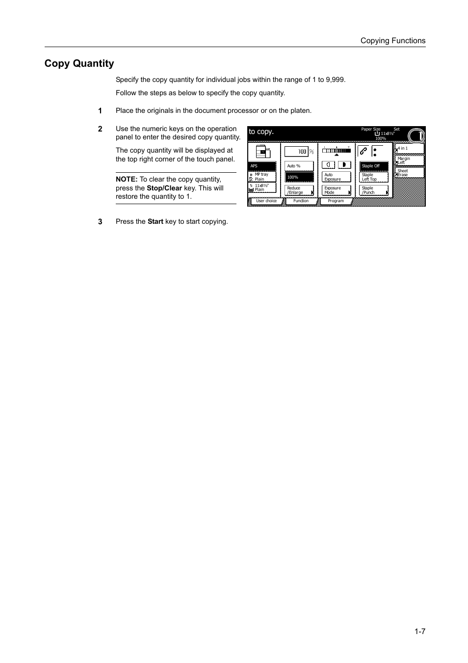 Copy quantity, Copy quantity -7, Copying functions 1-7 | Press the start key to start copying. to copy | TA Triumph-Adler DC 2060 User Manual | Page 13 / 210