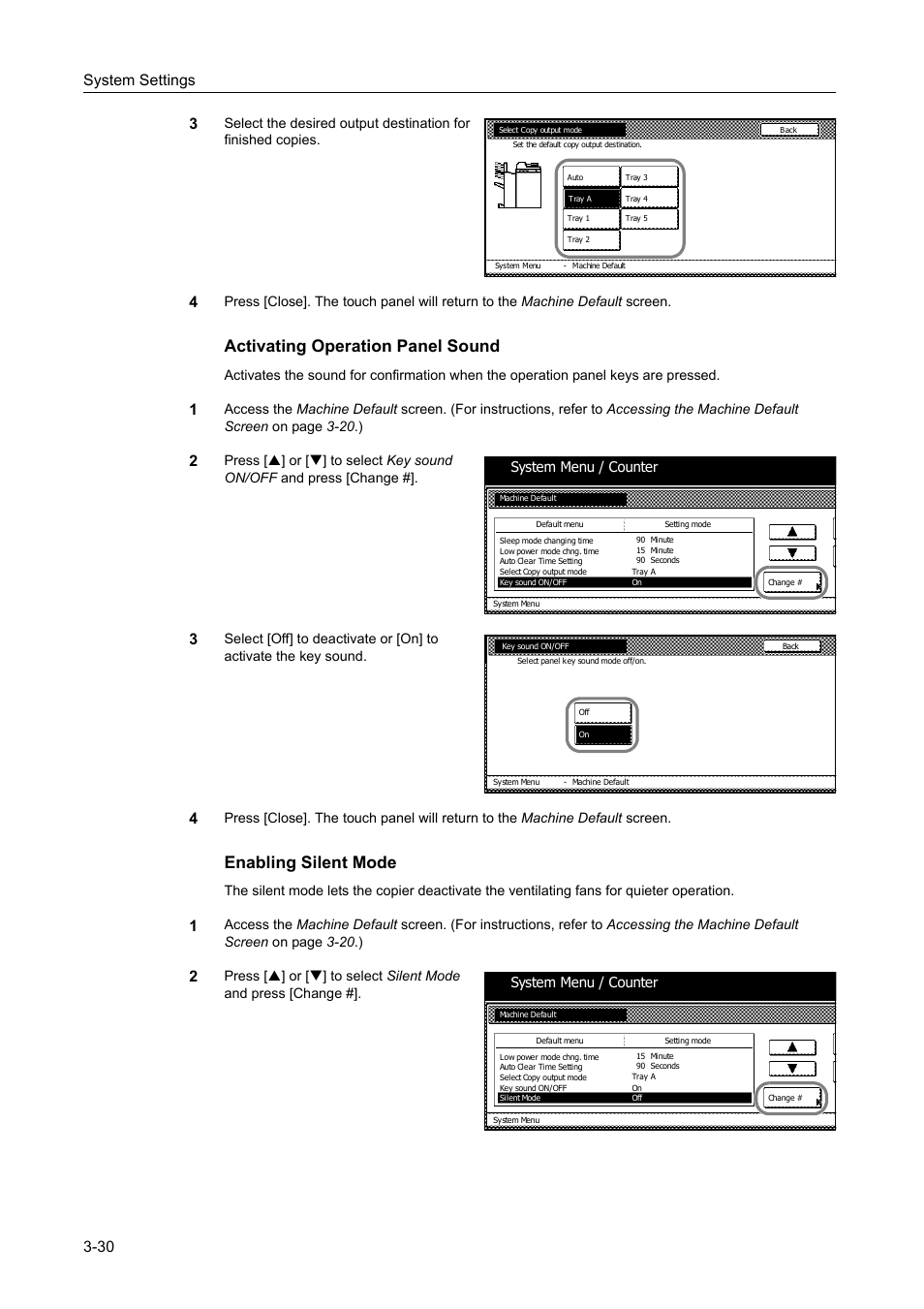 Activating operation panel sound -30, Enabling silent mode -30, Activating operation panel sound | Enabling silent mode, System settings 3-30 3, System menu / counter | TA Triumph-Adler DC 2060 User Manual | Page 130 / 210