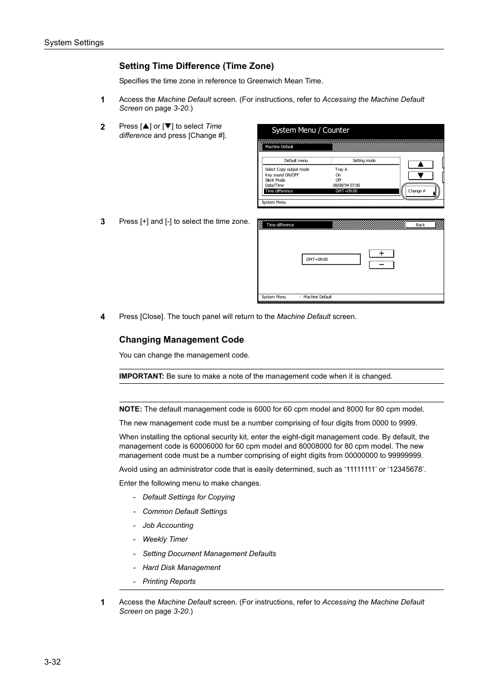 Setting time difference (time zone) -32, Changing management code -32, Setting time difference (time zone) | Changing management code | TA Triumph-Adler DC 2060 User Manual | Page 132 / 210