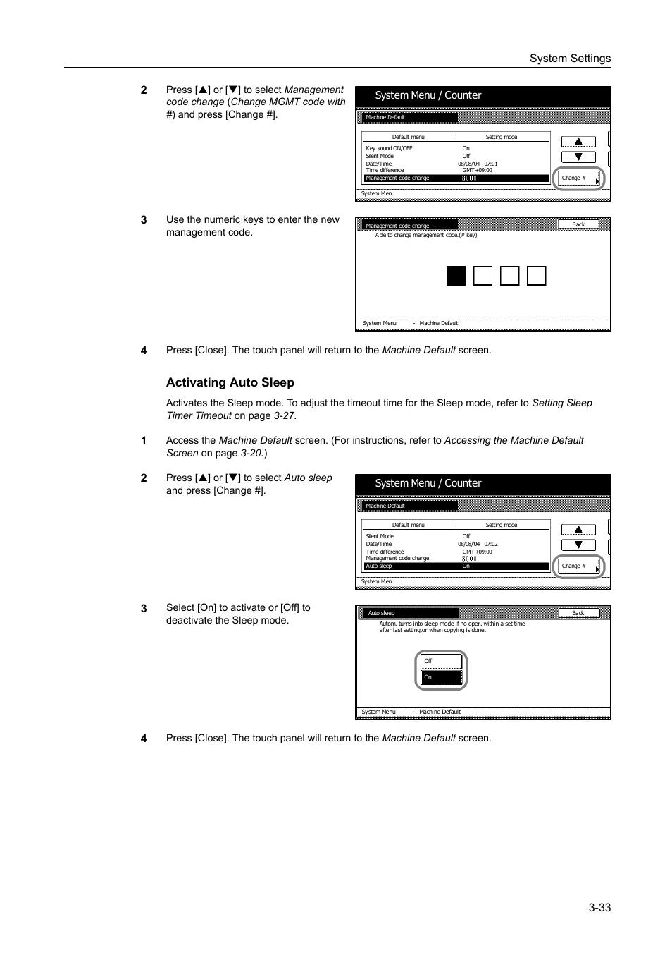 Activating auto sleep -33, Activating auto sleep, System settings 3-33 2 | System menu / counter | TA Triumph-Adler DC 2060 User Manual | Page 133 / 210
