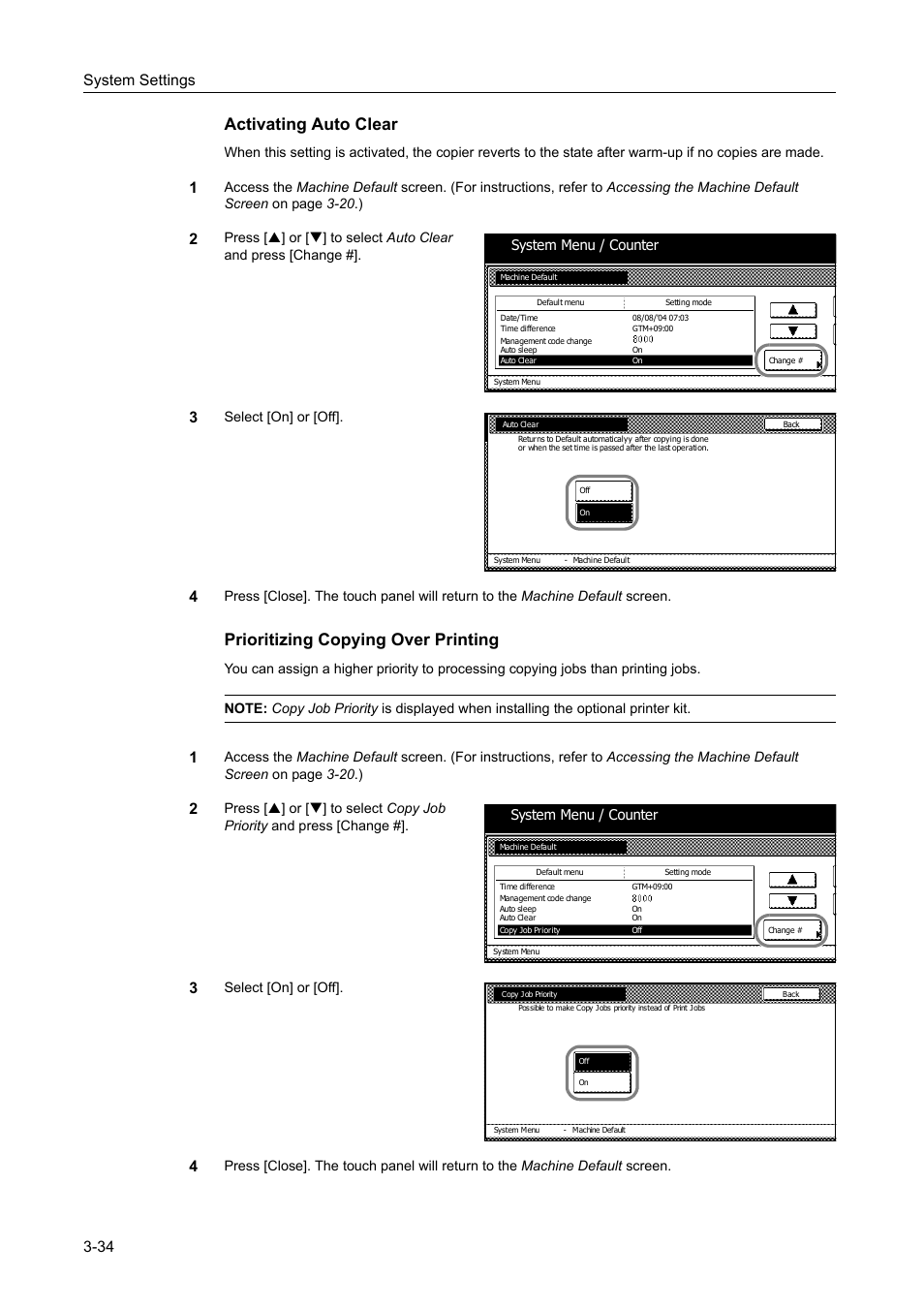 Activating auto clear -34, Prioritizing copying over printing -34, Activating auto clear | Prioritizing copying over printing, System settings 3-34, Select [on] or [off, System menu / counter | TA Triumph-Adler DC 2060 User Manual | Page 134 / 210
