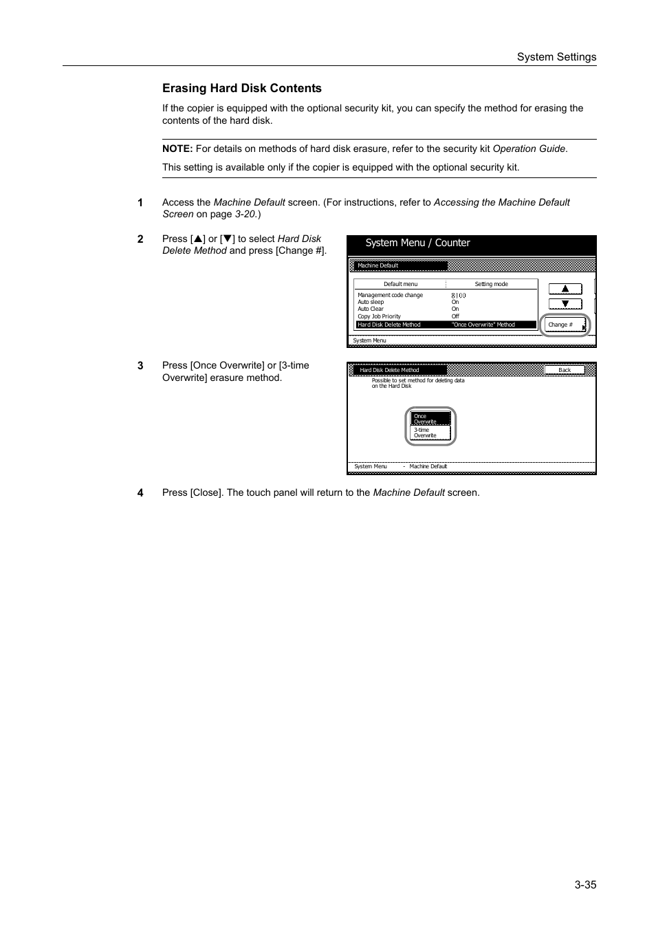 Erasing hard disk contents -35, Erasing hard disk contents, System settings 3-35 | System menu / counter | TA Triumph-Adler DC 2060 User Manual | Page 135 / 210