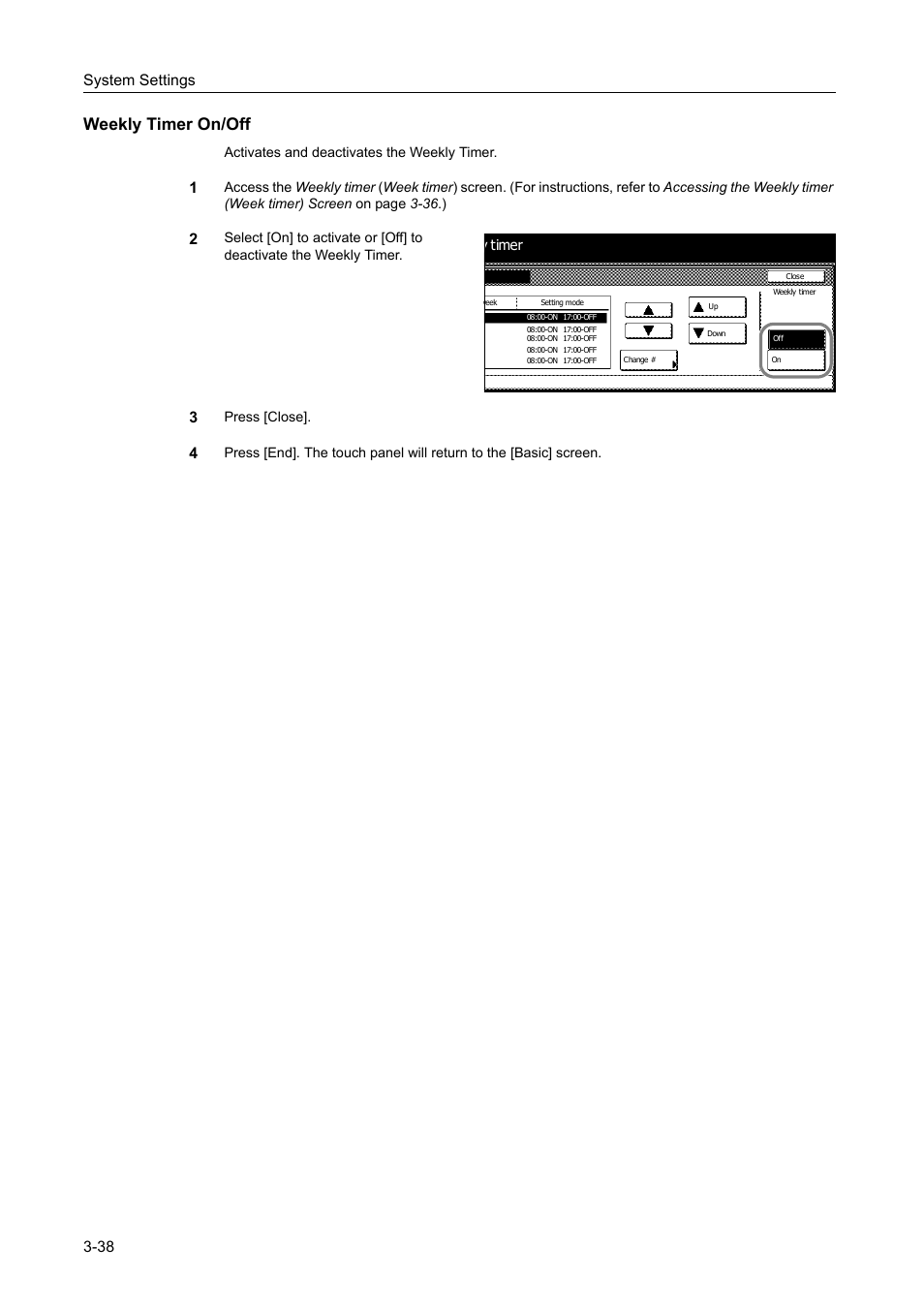 Weekly timer on/off, System settings 3-38 | TA Triumph-Adler DC 2060 User Manual | Page 138 / 210
