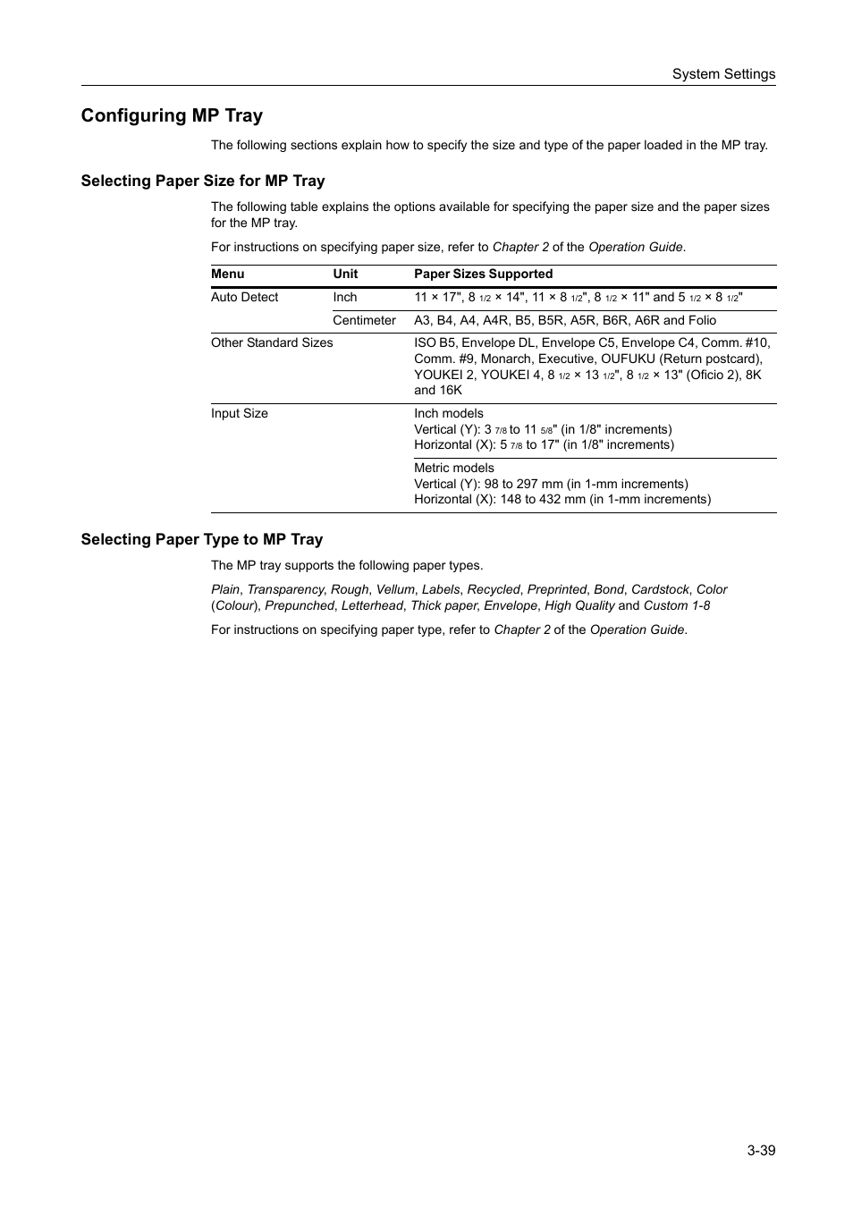 Configuring mp tray, Selecting paper size for mp tray, Selecting paper type to mp tray | Configuring mp tray -39 | TA Triumph-Adler DC 2060 User Manual | Page 139 / 210