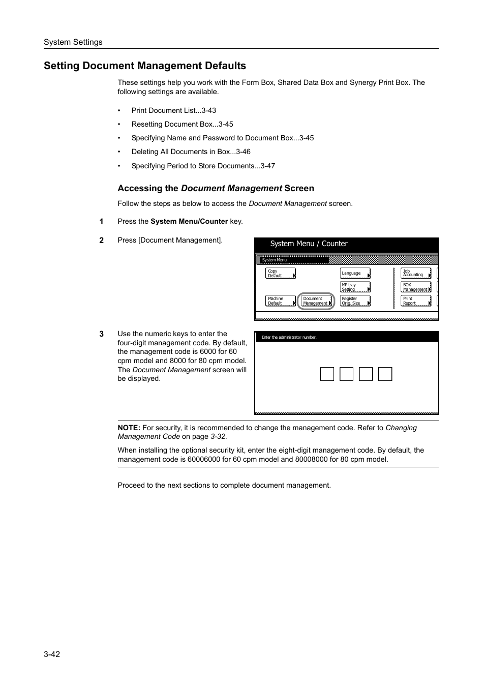 Setting document management defaults, Setting document management defaults -42, Accessing the document management screen | TA Triumph-Adler DC 2060 User Manual | Page 142 / 210