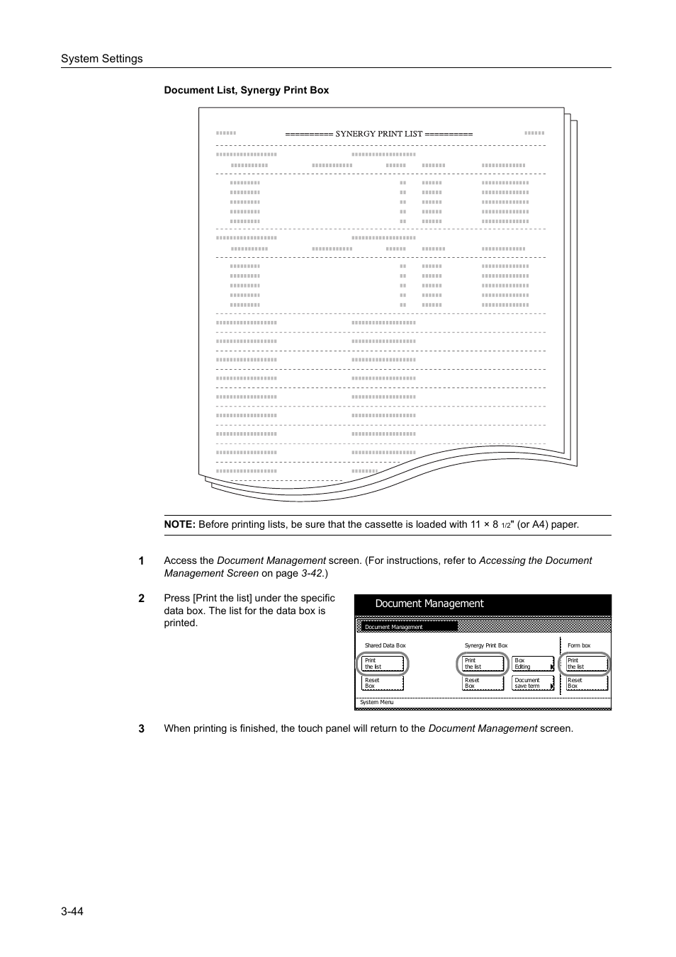 System settings 3-44, Or a4) paper, Document management | TA Triumph-Adler DC 2060 User Manual | Page 144 / 210