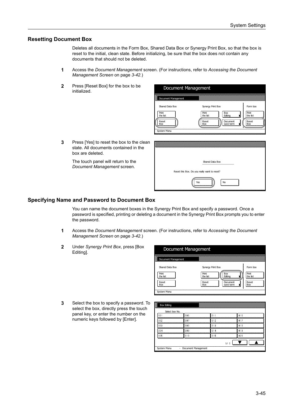 Resetting document box, Specifying name and password to document box, Resetting document box -45 | Specifying name and password to document box -45, System settings 3-45, Press [reset box] for the box to be initialized, Under synergy print box , press [box editing, Document management | TA Triumph-Adler DC 2060 User Manual | Page 145 / 210