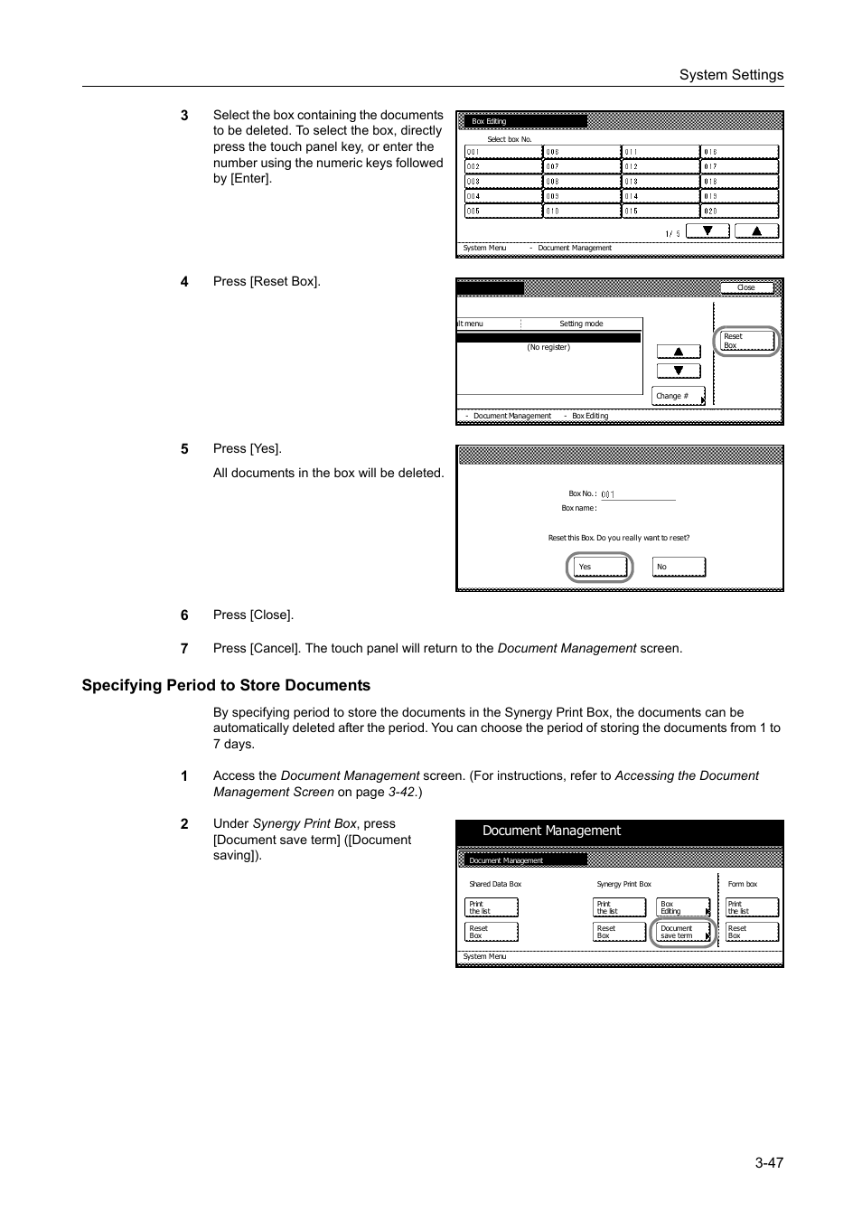Specifying period to store documents, Specifying period to store documents -47, System settings 3-47 3 | Press [reset box, Press [close, Document management | TA Triumph-Adler DC 2060 User Manual | Page 147 / 210