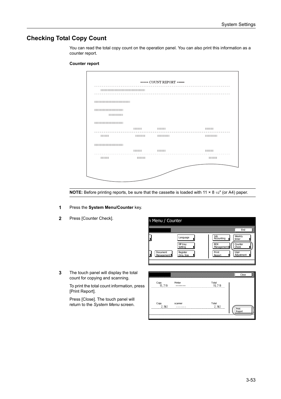 Checking total copy count, Checking total copy count -53, System settings 3-53 | Or a4) paper, Press the system menu/counter key, Press [counter check | TA Triumph-Adler DC 2060 User Manual | Page 153 / 210