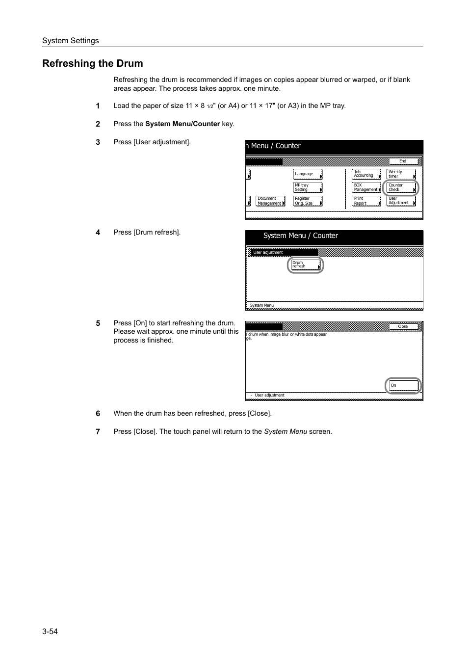 Refreshing the drum, Refreshing the drum -54, System settings 3-54 | TA Triumph-Adler DC 2060 User Manual | Page 154 / 210