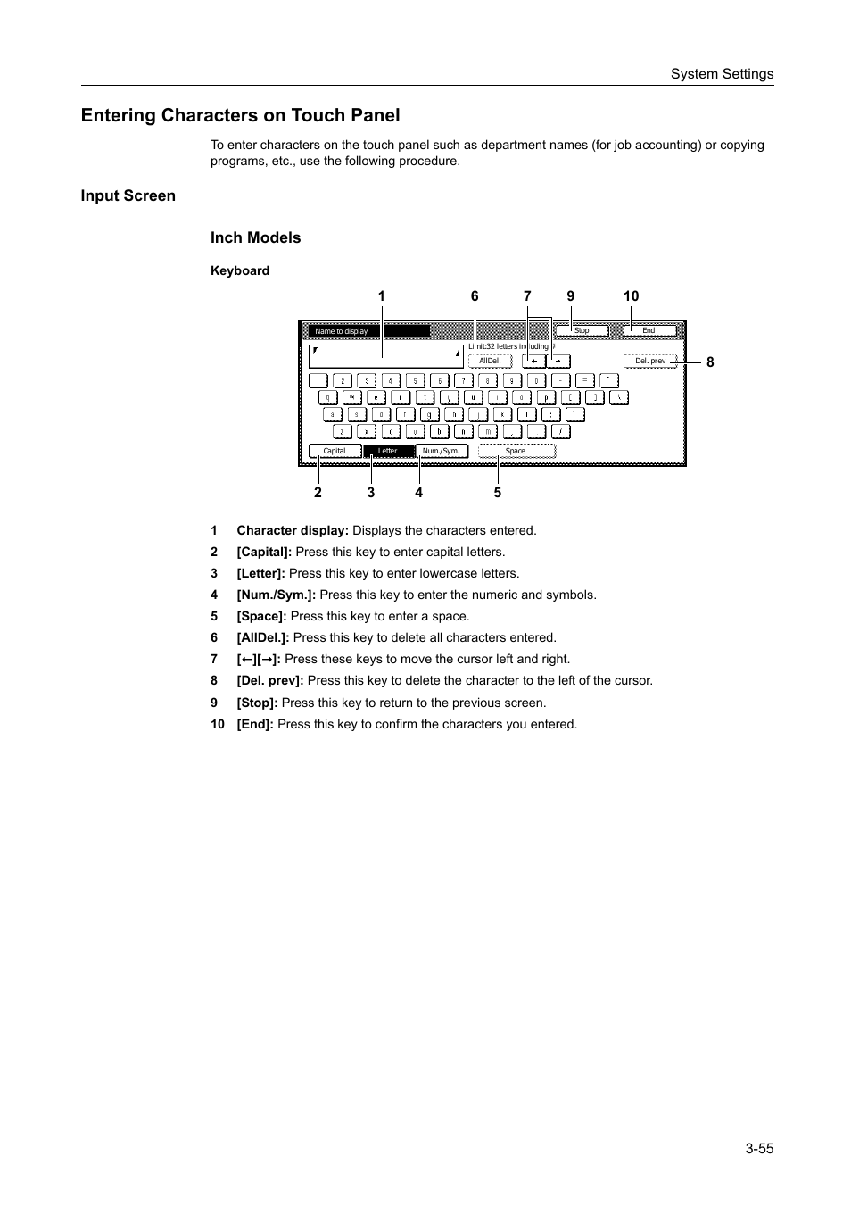 Entering characters on touch panel, Input screen, Entering characters on touch panel -55 | Input screen inch models | TA Triumph-Adler DC 2060 User Manual | Page 155 / 210