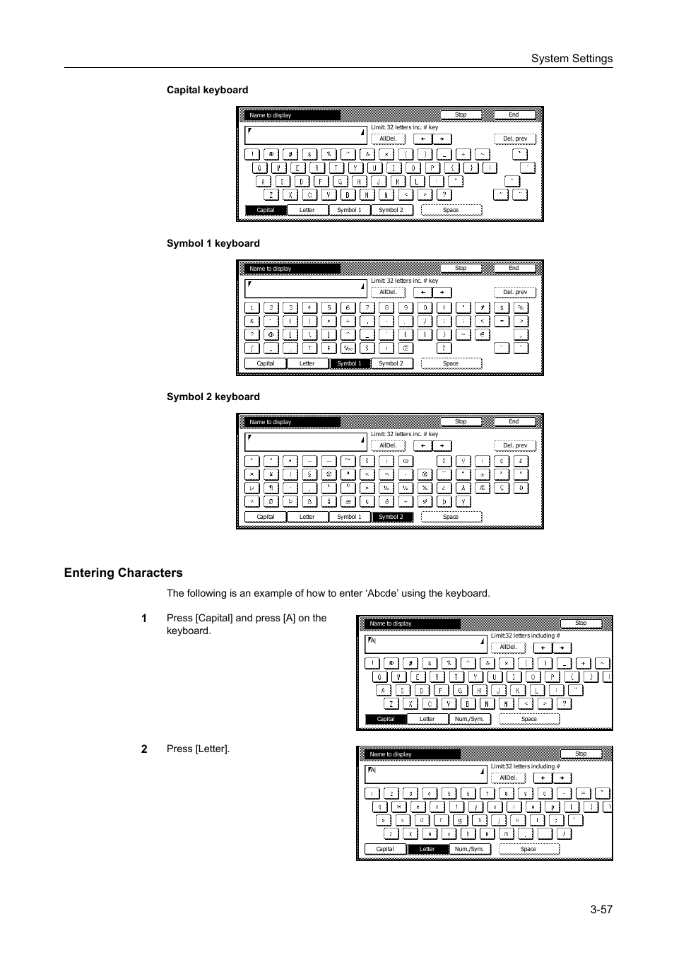 Entering characters, System settings 3-57, Press [capital] and press [a] on the keyboard | Press [letter | TA Triumph-Adler DC 2060 User Manual | Page 157 / 210