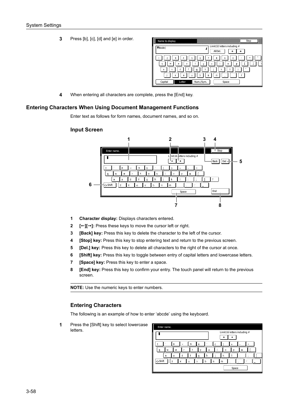 Input screen, Entering characters | TA Triumph-Adler DC 2060 User Manual | Page 158 / 210