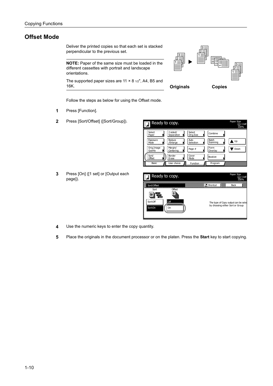 Offset mode, Offset mode -10, Copying functions 1-10 | Originals copies, Press [function, Press [sort/offset] ([sort/group]), Press [on] ([1 set] or [output each page]), Use the numeric keys to enter the copy quantity, Ready to copy | TA Triumph-Adler DC 2060 User Manual | Page 16 / 210