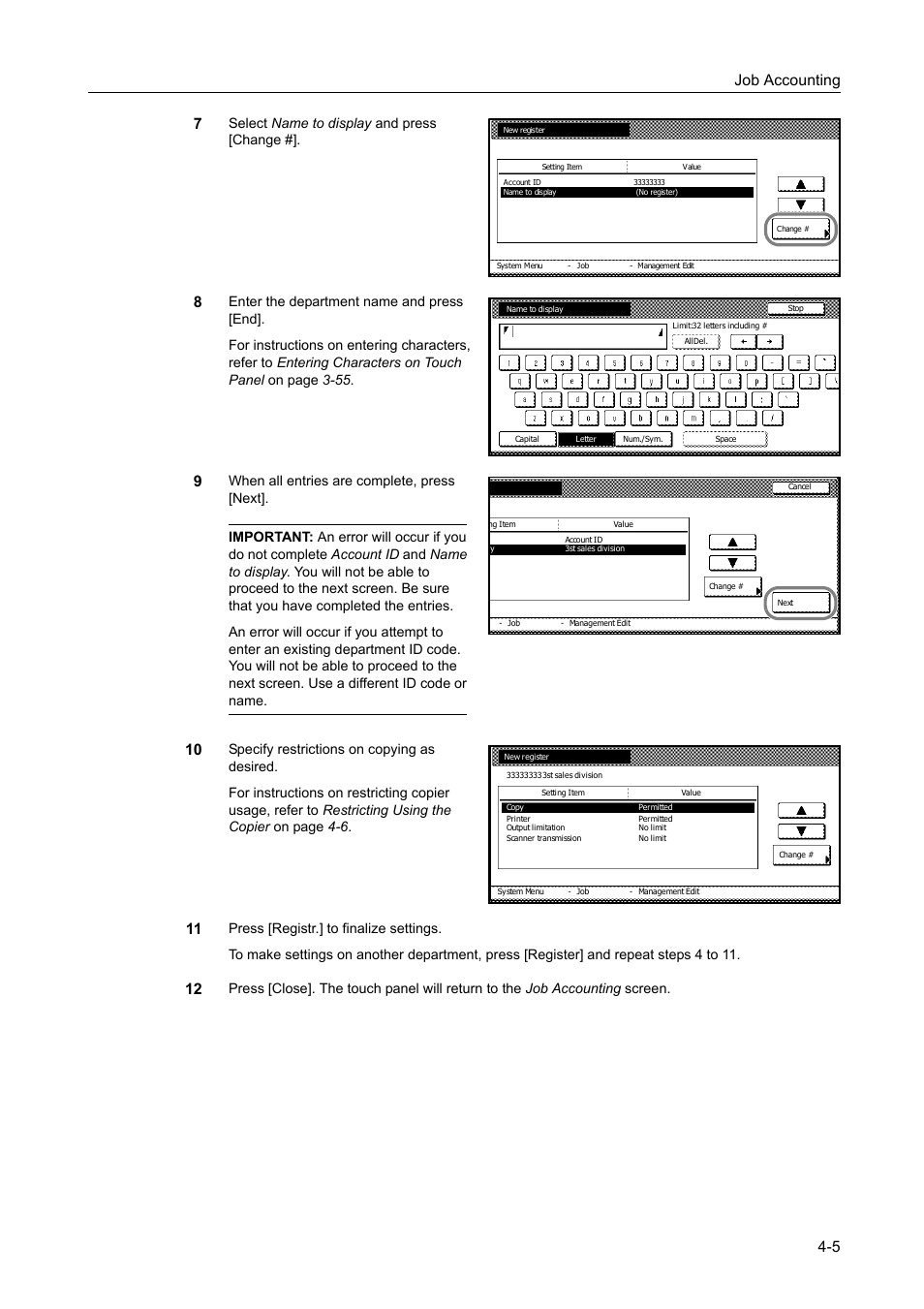 Job accounting 4-5 7, Select name to display and press [change | TA Triumph-Adler DC 2060 User Manual | Page 165 / 210