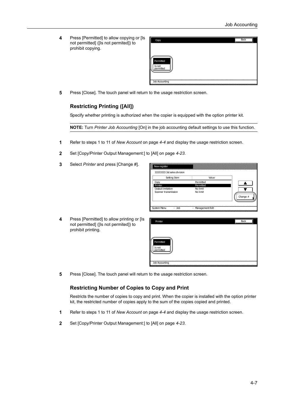 Restricting printing ([all]), Restricting number of copies to copy and print, Job accounting 4-7 4 | TA Triumph-Adler DC 2060 User Manual | Page 167 / 210