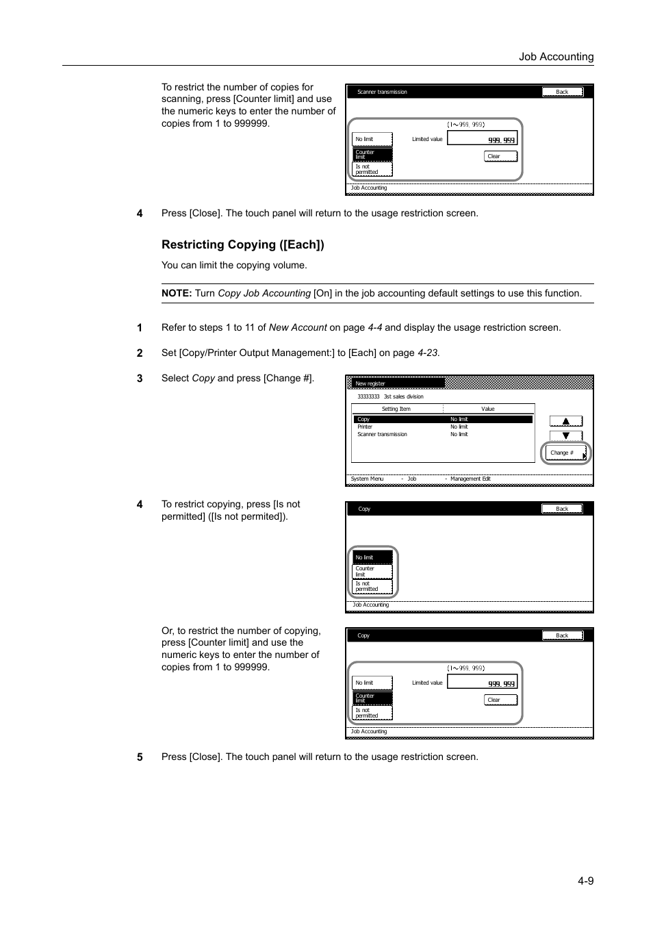 Restricting copying ([each]), Job accounting 4-9, Select copy and press [change | TA Triumph-Adler DC 2060 User Manual | Page 169 / 210