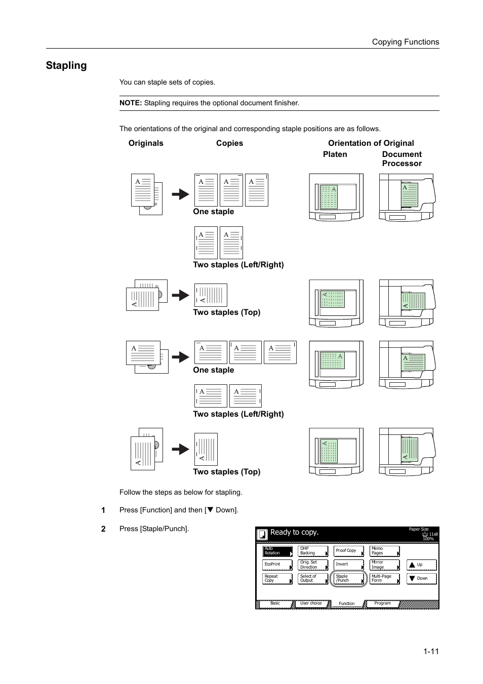 Stapling, Stapling -11, Copying functions 1-11 | TA Triumph-Adler DC 2060 User Manual | Page 17 / 210