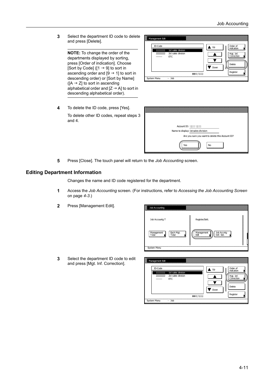 Editing department information, Job accounting 4-11 3, Press [management edit | TA Triumph-Adler DC 2060 User Manual | Page 171 / 210