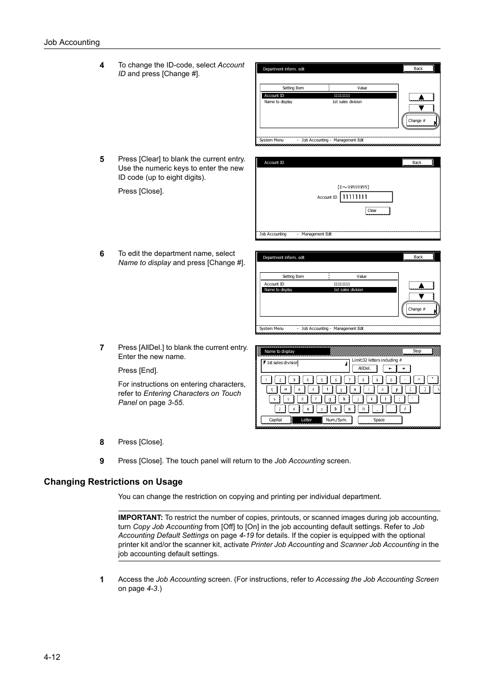 Changing restrictions on usage, Job accounting 4-12 4, Press [close | TA Triumph-Adler DC 2060 User Manual | Page 172 / 210