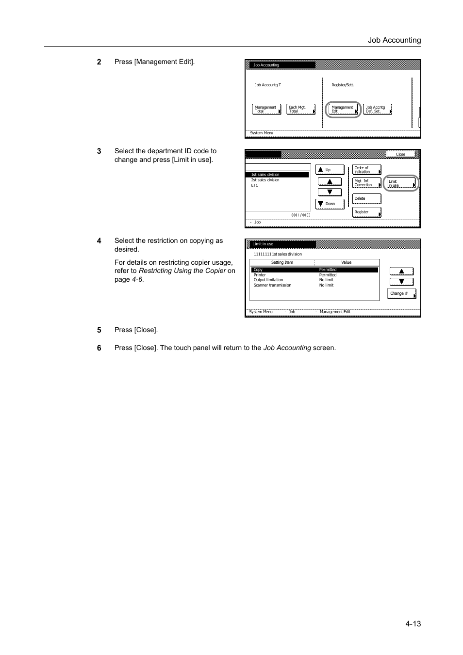 Job accounting 4-13 2, Press [management edit, Press [close | TA Triumph-Adler DC 2060 User Manual | Page 173 / 210